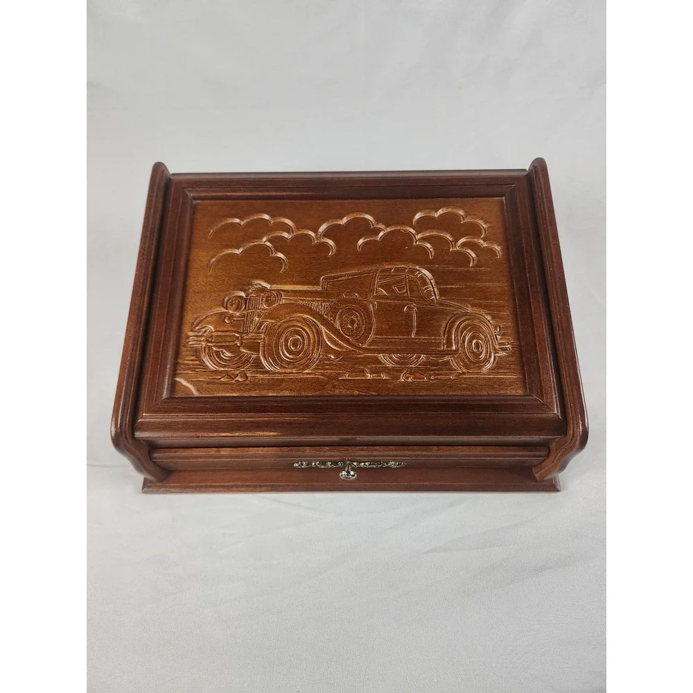 Vintage Men's Rosalco Wooden Valet Jewelry Box Classic Car Carving Mirror‎ Case